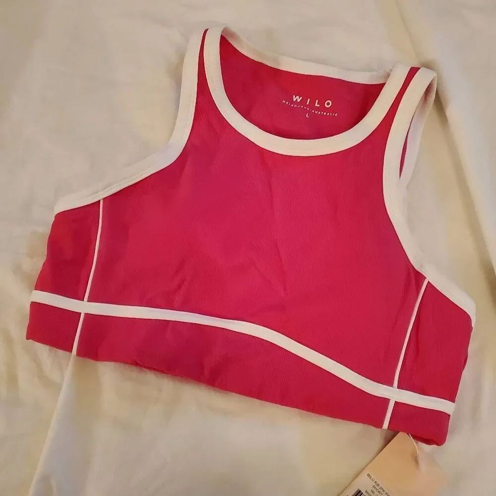 NWT. Wilo the Label. Hot Pink with white trim Sports Bra. Size Large.